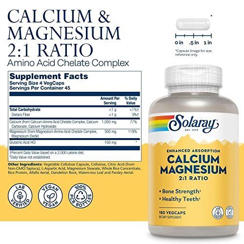 Solaray Enhanced Absorption Calcium Magnesium - 180 VegCaps - 2:1 Ratio - Supports Bone Strength & Healthy Teeth - Vegan