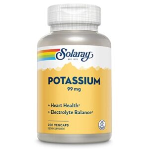 solaray potassium 99 mg, fluid and electrolyte balance formula, potassium supplement for muscle, nerve, cellular and heart health support, 60-day money back guarantee, 200 servings, 200 vegcaps