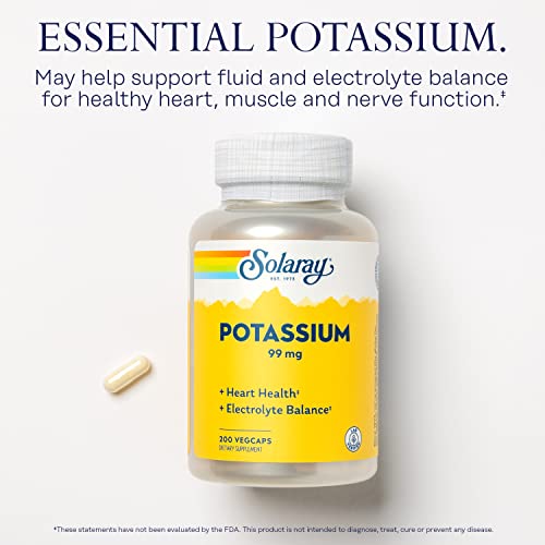 Solaray Potassium 99 mg, Fluid and Electrolyte Balance Formula, Potassium Supplement for Muscle, Nerve, Cellular and Heart Health Support, 60-Day Money Back Guarantee, 200 Servings, 200 VegCaps