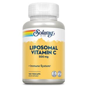solaray liposomal vitamin c 500mg, high absorption vitamin c liposomal blend, healthy immune system function, collagen synthesis and antioxidant support, vegan, 100 servings, 100 vegcaps