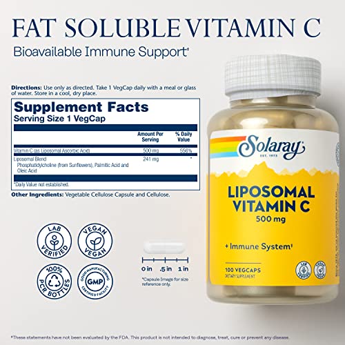 SOLARAY Liposomal Vitamin C 500mg, High Absorption Vitamin C Liposomal Blend, Healthy Immune System Function, Collagen Synthesis and Antioxidant Support, Vegan, 100 Servings, 100 VegCaps