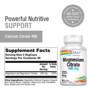 Solaray Magnesium Citrate, Veg Cap (Btl-Plastic) 400mg 90ct