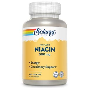 solaray niacin, no flush 500 mg, healthy energy & circulatory system support, vegan, 100 servings, 100 vegcaps