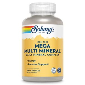 solaray iron-free mega multi mineral, daily mineral complex with calcium, magnesium, zinc, and more in absorbable chelated forms, overall health, energy and immune support (200 capsules, 50 servings)