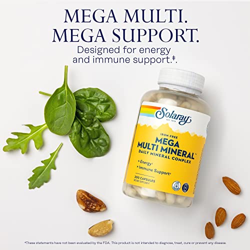 Solaray Iron-Free Mega Multi Mineral, Daily Mineral Complex with Calcium, Magnesium, Zinc, and More in Absorbable Chelated Forms, Overall Health, Energy and Immune Support (200 Capsules, 50 Servings)