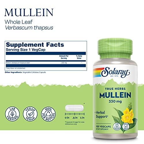 SOLARAY Mullein Leaf, Herbal Support for Healthy Respiratory and Bronchial Function, Vegan, 100 Vegcaps