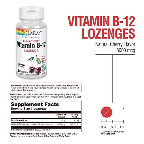 SOLARAY Vitamin B-12 5000mcg Lozenges | Natural Cherry Flavor | Healthy Energy & Nerve Function Support | 30ct