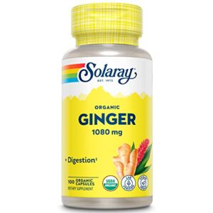 solaray organic ginger root capsules, usda certified organic ginger capsules, ginger pills for healthy digestion support, lab verified, vegan, 60-day guarantee, 50 servings, 100 organic capsules