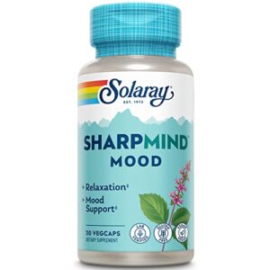 solaray sharpmind mood support supplement, nootropic for relaxation and stress relief, zembrin, holy basil, lithium orotate 5mg, organic reishi mushroom, 60 day guarantee, 30 servings, 30 vegcaps