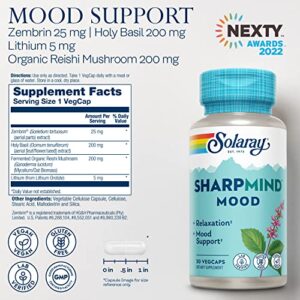 SOLARAY SharpMind Mood Support Supplement, Nootropic for Relaxation and Stress Relief, Zembrin, Holy Basil, Lithium Orotate 5mg, Organic Reishi Mushroom, 60 Day Guarantee, 30 Servings, 30 VegCaps