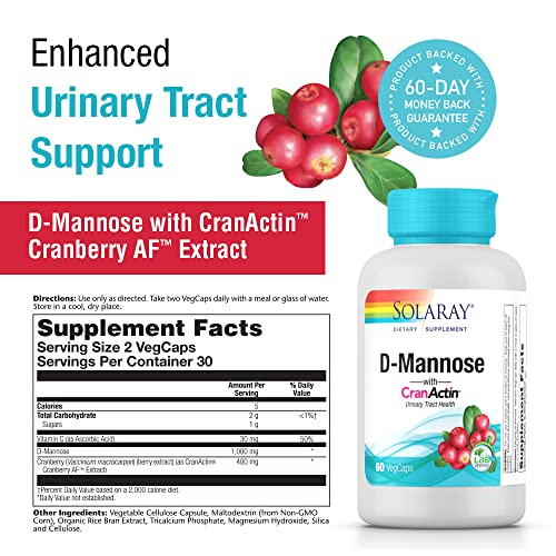 SOLARAY CranActin D-Mannose, Urinary Tract Health, 1,000 mg, 60 VegCaps