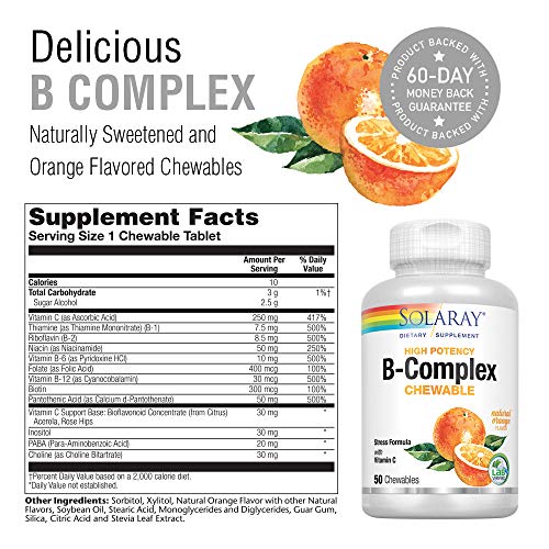 SOLARAY Vitamin B-Complex 250mg Natural Orange Flavor | Healthy Hair, Skin, Immune Function & Metabolism Support | Lab Verified | 50 Chewables