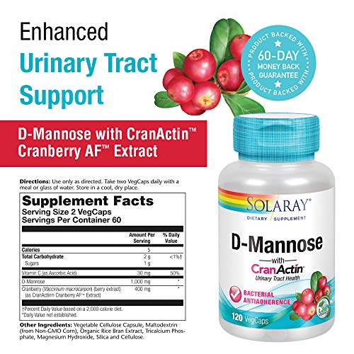 SOLARAY D-Mannose with CranActin Cranberry Extract 1000mg | for Normal, Healthy Urinary Tract Support | with Vitamin C | Non-GMO & Vegan | 120 Count | 2 pk