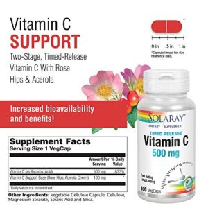 SOLARAY Vitamin C w/ Rose Hips & Acerola 500mg, Timed-Release | Immune, Skin, Hair, Nail Health Support, 100ct, 100 Serv