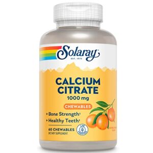 solaray calcium citrate 1000 mg, natural orange flavor chelated calcium supplement for bone strength, teeth, nerve, muscle, and heart function support, 60-day guarantee, 15 servings, 60 chewables