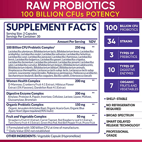 Dr. Formulated Raw Probiotics for Women 100 Billion CFUs with Prebiotics, Digestive Enzymes, Approved Women's Probiotic for Adults, Shelf Stable Probiotic Supplement Capsules