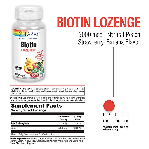 SOLARAY Biotin 5000 mcg | Natural Peach, Strawberry, Banana Flavor | Healthy Hair, Skin & Nails Support | 60 Lozenges