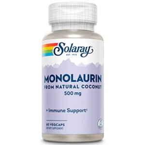 solaray monolaurin 500mg immune support supplement, from natural coconut, helps maintain immune & gut health & a balanced gut flora, 60-day money back guarantee, 60 servings, 60 vegcaps