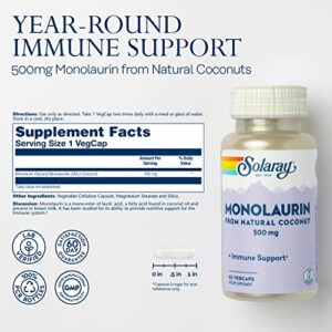 SOLARAY Monolaurin 500mg Immune Support Supplement, from Natural Coconut, Helps Maintain Immune & Gut Health & a Balanced Gut Flora, 60-Day Money Back Guarantee, 60 Servings, 60 VegCaps