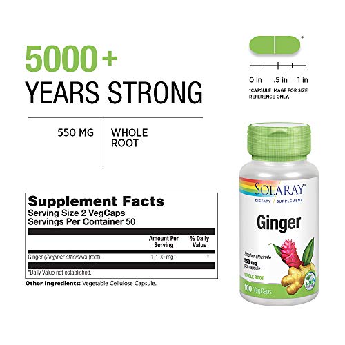 SOLARAY Ginger Root 1100mg | Healthy Digestion, Joints and Motion & Stomach Discomfort Support | Whole Root | Non-GMO & Vegan | 100 VegCaps