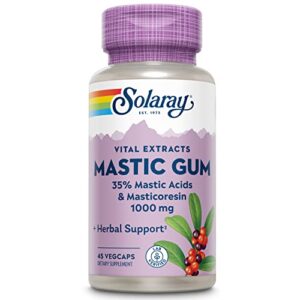 solaray mastic gum 1000 mg, gut health and digestion supplement with 35% mastic acids and masticoresins, stomach formula for digestive support, 60-day money back guarantee, 22 servings, 45 vegcaps