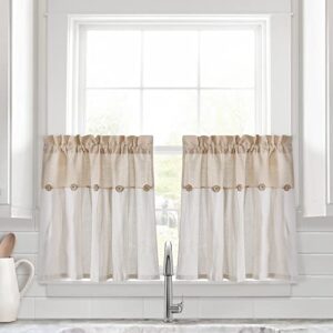 lush decor linen button farmhouse kitchen tier window curtains, 29″l x 24″w, linen