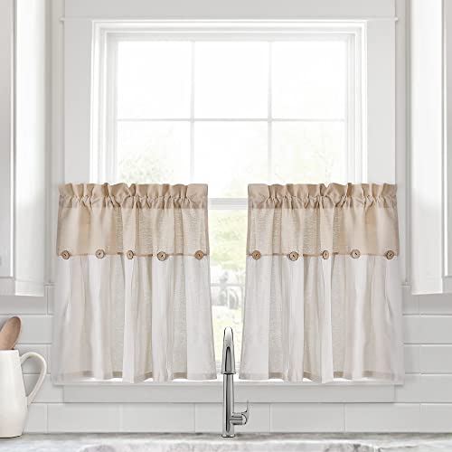 Lush Decor Linen Button Farmhouse Kitchen Tier Window Curtains, 29"L x 24"W, Linen