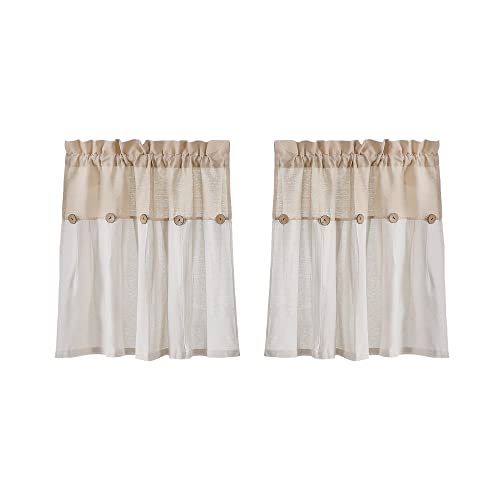 Lush Decor Linen Button Farmhouse Kitchen Tier Window Curtains, 29"L x 24"W, Linen