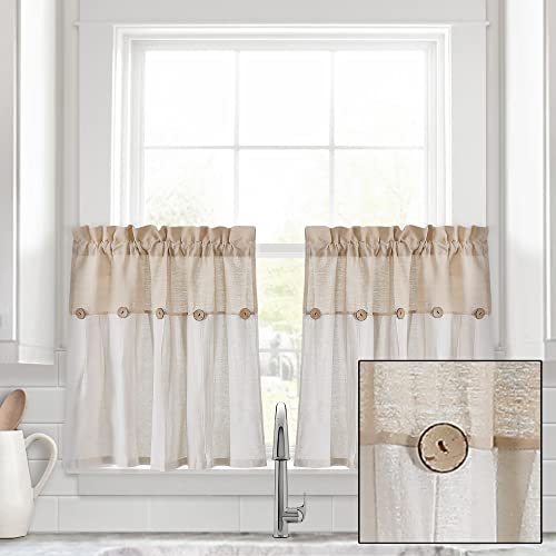 Lush Decor Linen Button Farmhouse Kitchen Tier Window Curtains, 29"L x 24"W, Linen