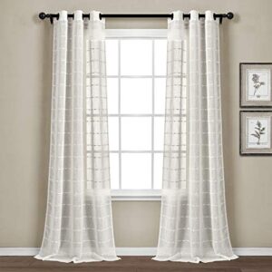 lush decor farmhouse textured grommet sheer window curtain panel pair, 95″ long x 38″ wide, white