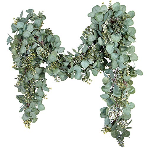 Eucalyptus Garland 6.56 Ft Lush Silver Dollar Eucalyptus Leaves Boxwood Artificial Faux Greenery Garland Vines for Baby Shower Wedding Party Table Runner Room Home Mantle Decor