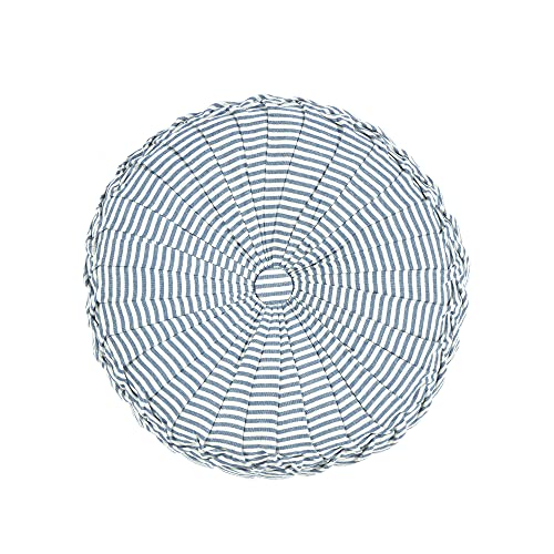 Lush Decor Farmhouse Ticking Stripe Yarn Dyed Pleated Decorative Pillow, 14" Round, Blue