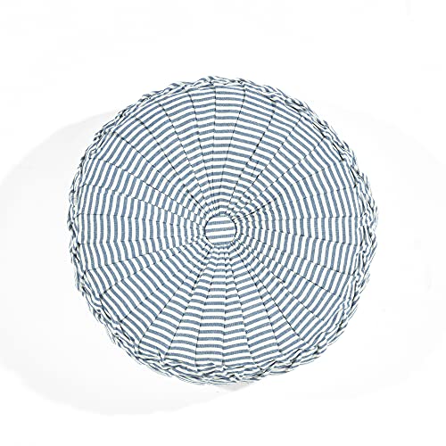 Lush Decor Farmhouse Ticking Stripe Yarn Dyed Pleated Decorative Pillow, 14" Round, Blue