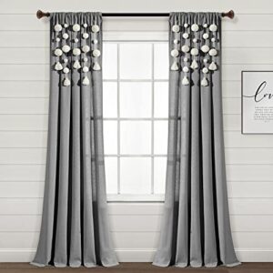lush decor boho pom pom tassel linen window curtain panel (single panel), 84″ l x 52″ w, dark gray
