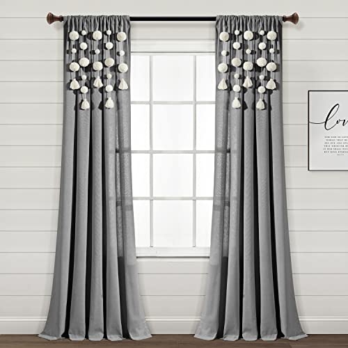 Lush Decor Boho Pom Pom Tassel Linen Window Curtain Panel (Single Panel), 84" L x 52" W, Dark Gray