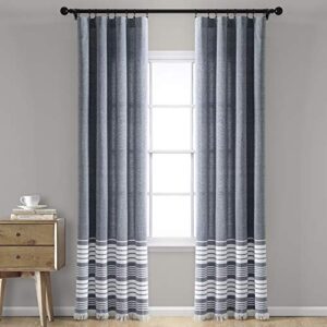 lush decor, navy nantucket yarn dyed cotton tassel fringe window curtain panel pair, 84″ x 40″, 84 in x 40