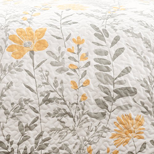 Lush Decor Yellow Aprile Reversible Quilt 3 Piece Floral Leaf Design Bedding Set, Full/Queen, Yellow & Gray