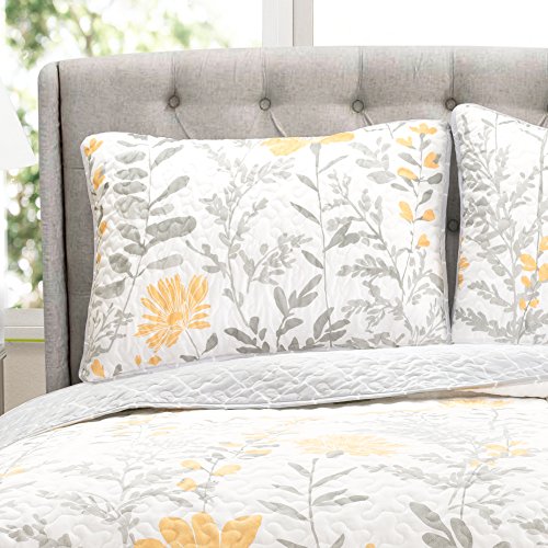 Lush Decor Yellow Aprile Reversible Quilt 3 Piece Floral Leaf Design Bedding Set, Full/Queen, Yellow & Gray