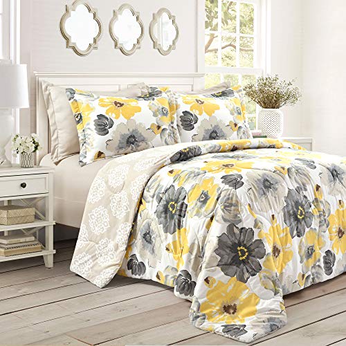 Lush Decor Leah 6 Piece Floral Comforter Set, Full/Queen, Yellow & Gray