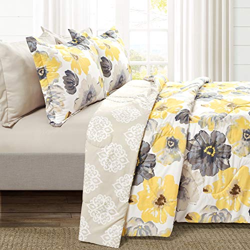 Lush Decor Leah 6 Piece Floral Comforter Set, Full/Queen, Yellow & Gray