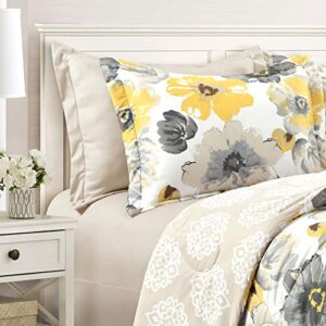 Lush Decor Leah 6 Piece Floral Comforter Set, Full/Queen, Yellow & Gray