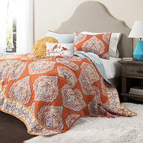 Lush Decor Harley Quilt Set Damask Pattern Reversible 5 Piece Bedding Set - Full Queen - Tangerine