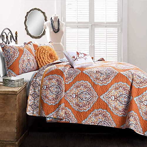 Lush Decor Harley Quilt Set Damask Pattern Reversible 5 Piece Bedding Set - Full Queen - Tangerine