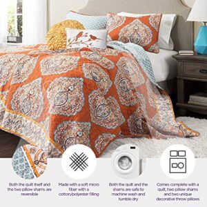 Lush Decor Harley Quilt Set Damask Pattern Reversible 5 Piece Bedding Set - Full Queen - Tangerine