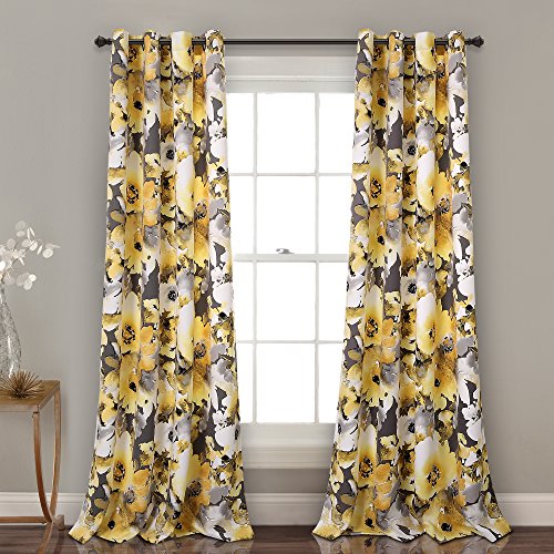 Lush Decor Floral Watercolor Room Darkening Window Panel Set, 84" x 52", Yellow and Gray