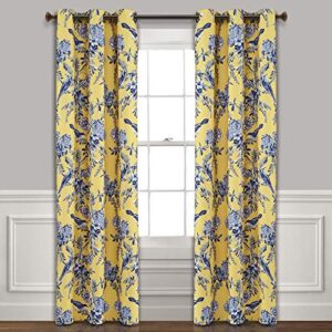 lush decor, yellow and blue farmhouse bird and flower insulated grommet blackout window curtain panel pair, 95” x 38′, 95 in x 38