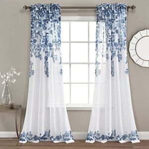 lush decor tanisha sheer curtains room darkening floral vine print design window panel set (pair), sheer 38″ w x 84″ l, navy & white