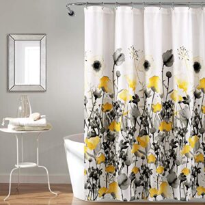 lush decor, yellow and gray zuri flora shower curtain-fabric watercolor floral print design, 72″ x 72″, 72″ x 72