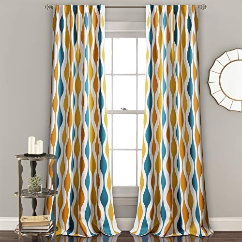 Lush Decor Mid Century Geo Room Darkening Window Curtain Panel Pair, 95" Long x 52" Wide, Turquoise & Orange