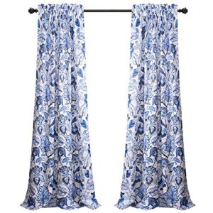 Lush Decor Cynthia Jacobean Darkening Window Curtains Panel Set for Living, Dining Room, Bedroom (Pair), 95" L, Blue